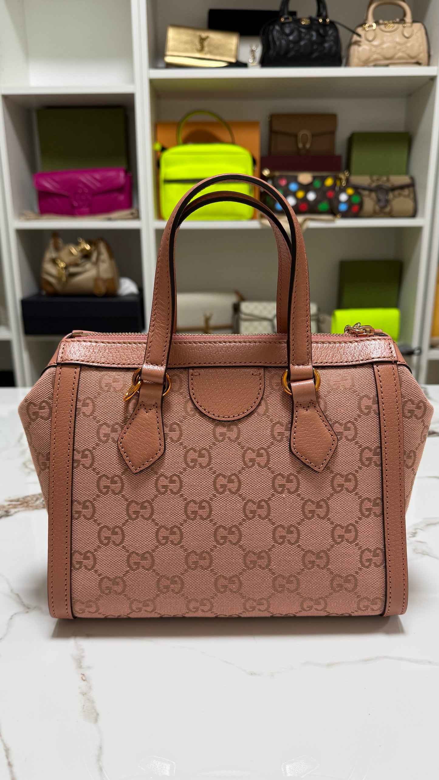 Gucci borsa ophidia top handle in tela rosa