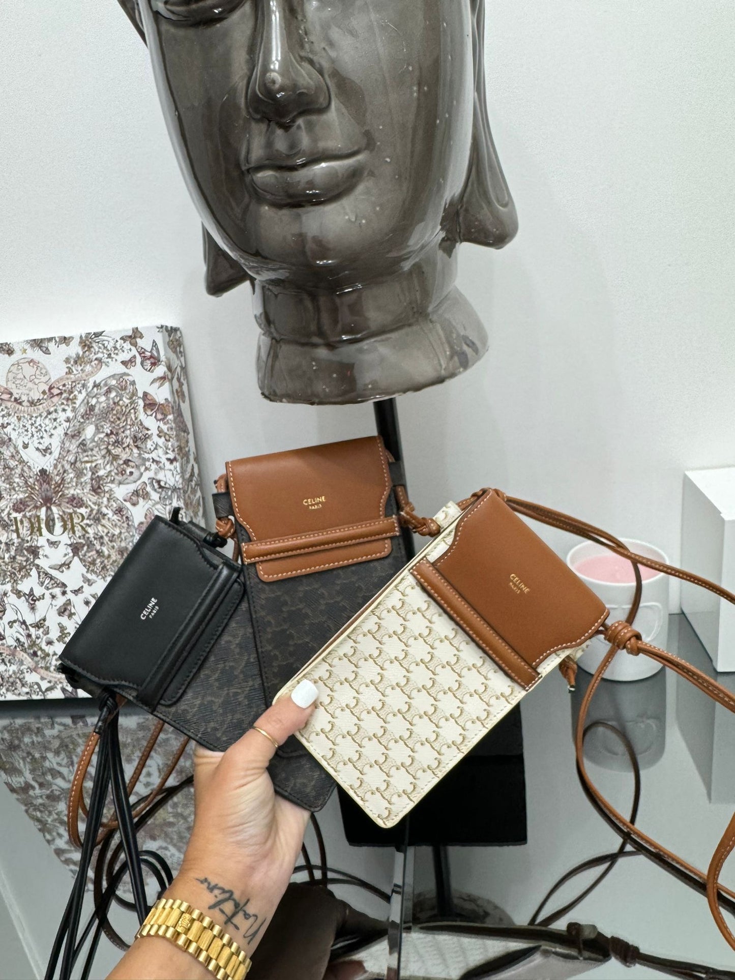 PHONE POUCH WITH FLAP IN TRIOMPHE CANVAS AND LAMBSKIN