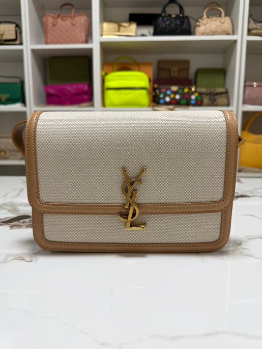 Saint Laurent solferino borsa a spalla in rafia beige con profili marrone