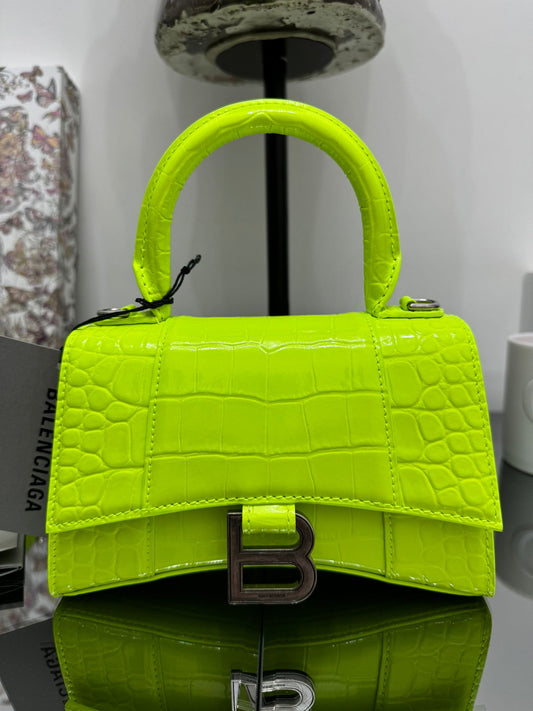 Hourglass Handbag with Crocodile Effect in Neon Yellow