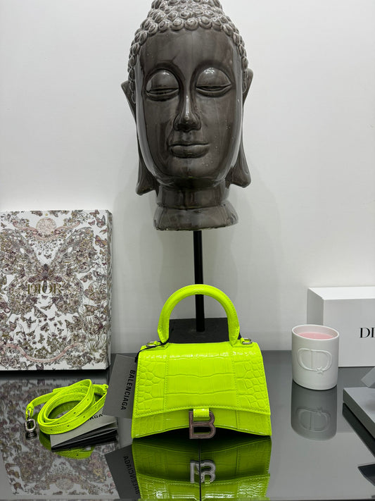 Hourglass Handbag with Crocodile Effect in Neon Yellow