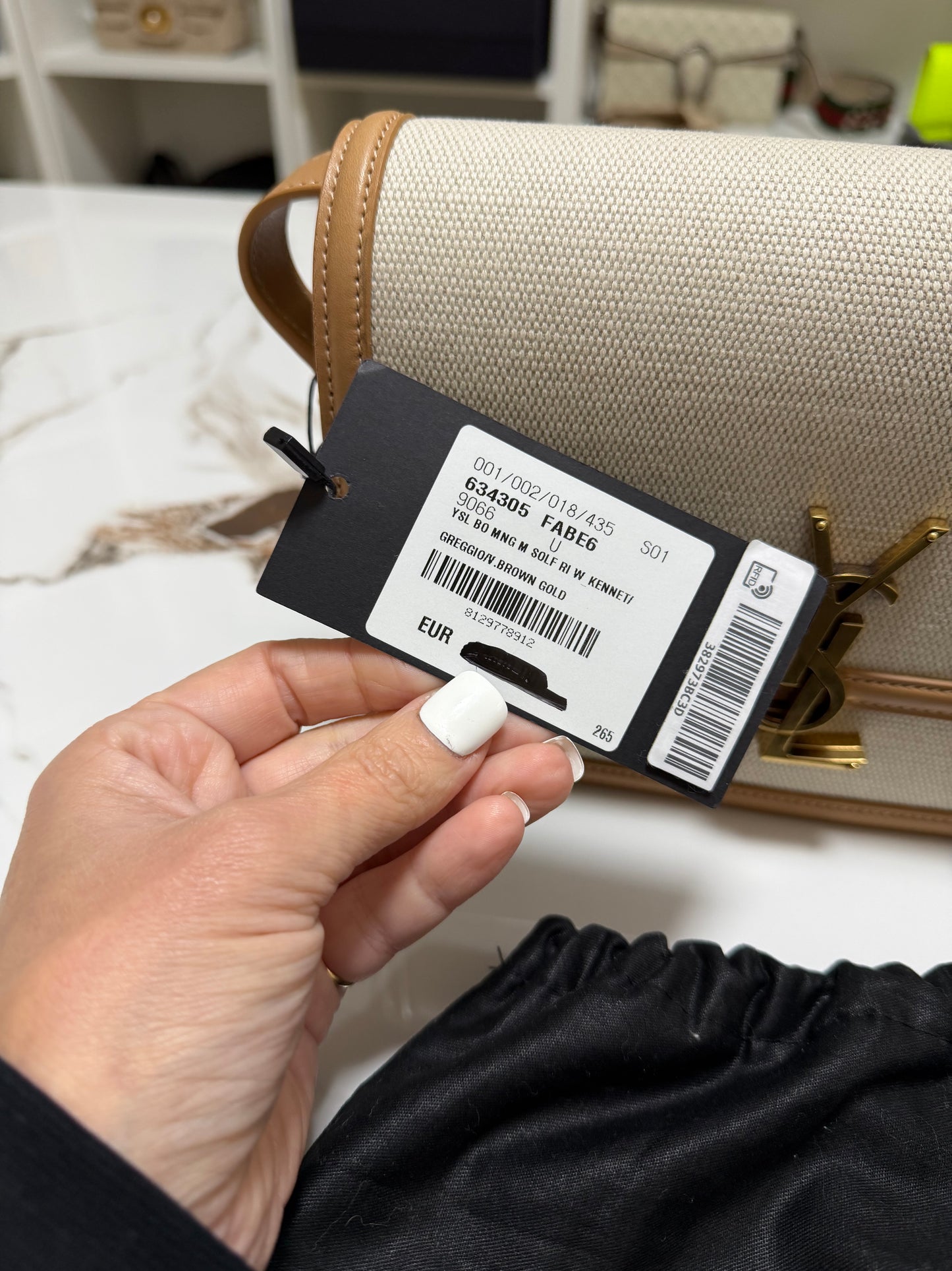 Saint Laurent solferino borsa a spalla in rafia beige con profili marrone