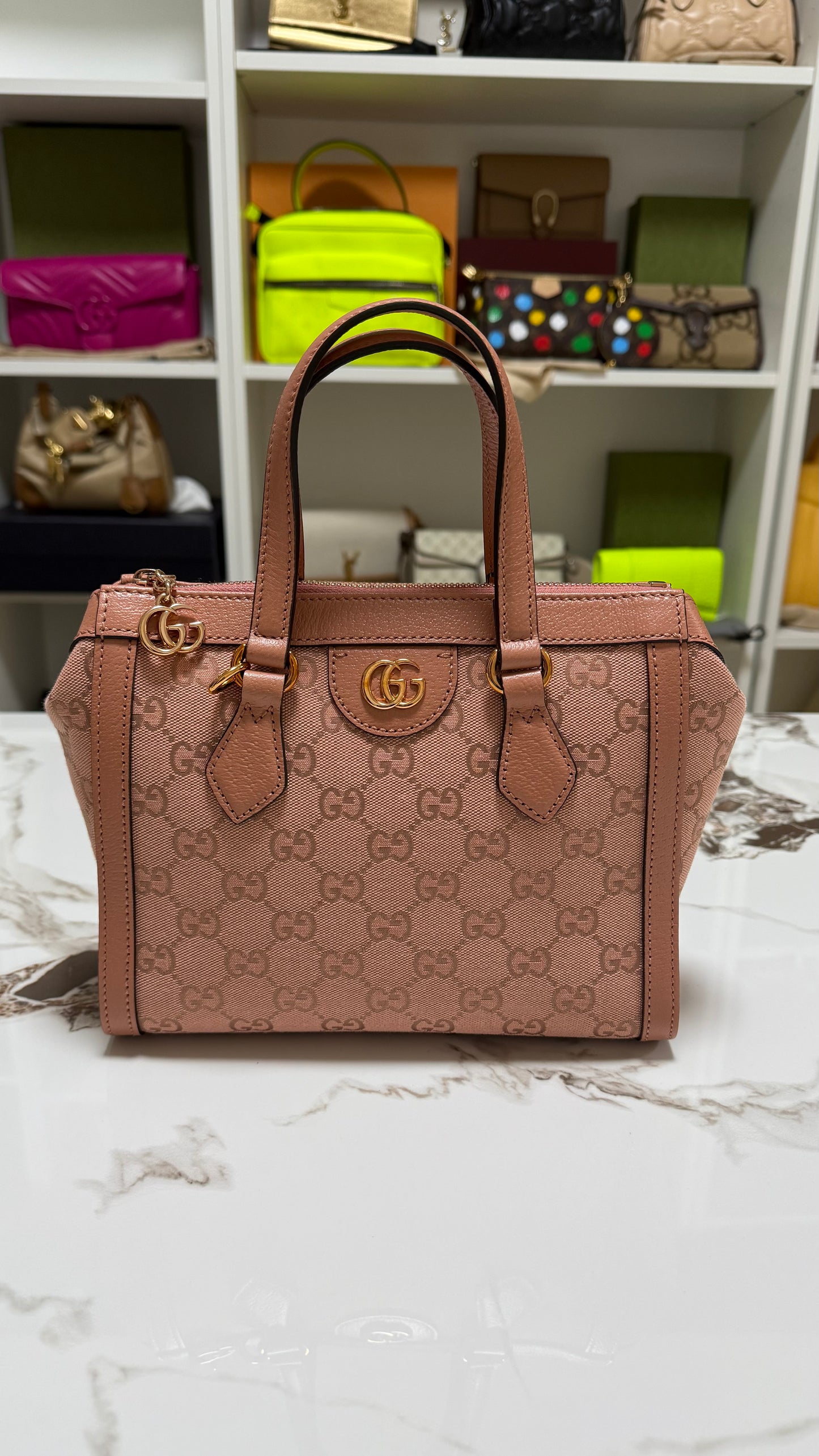 Gucci borsa ophidia top handle in tela rosa