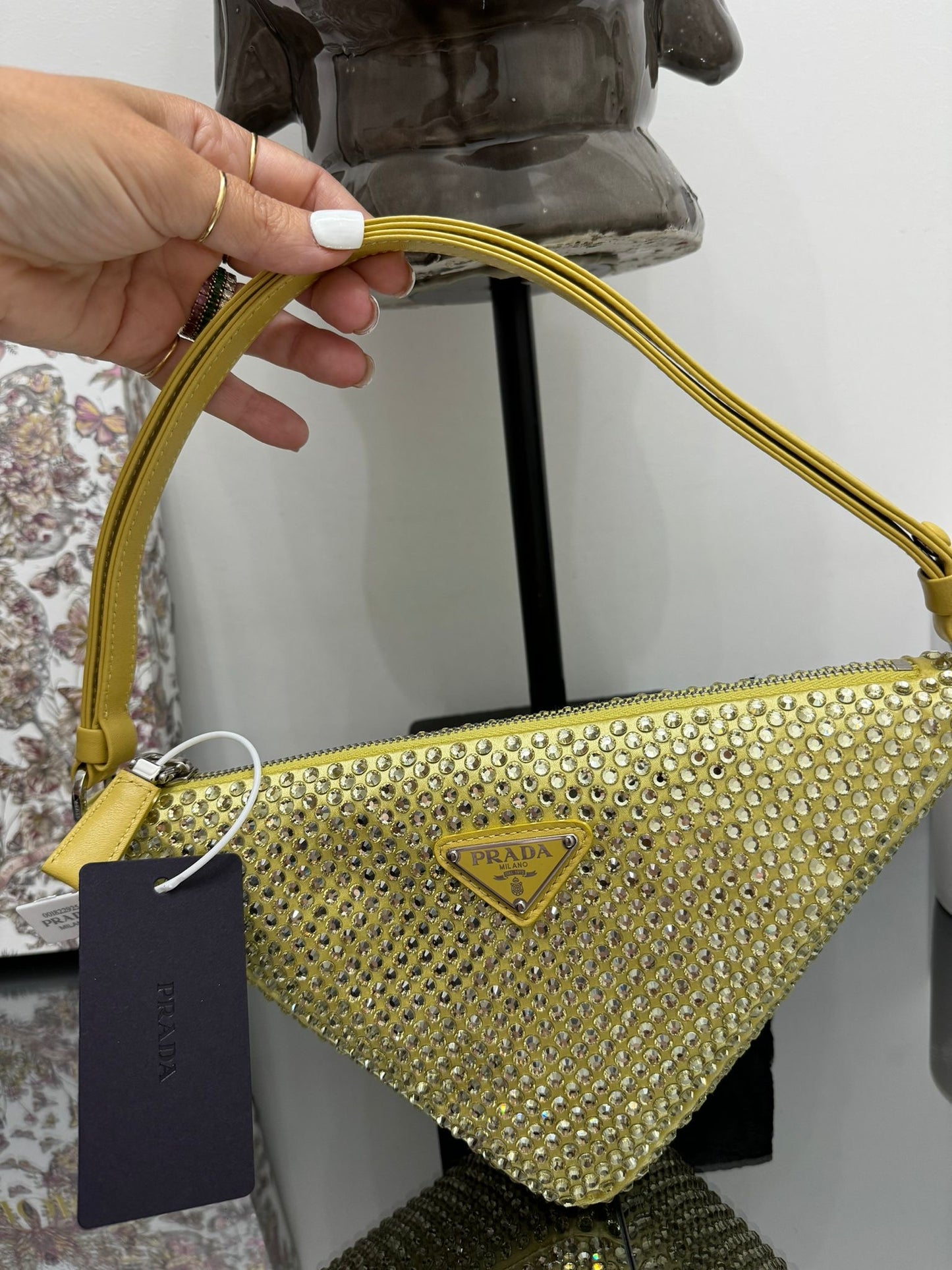Triangle bag with crystals in hananas color (light yellow)
