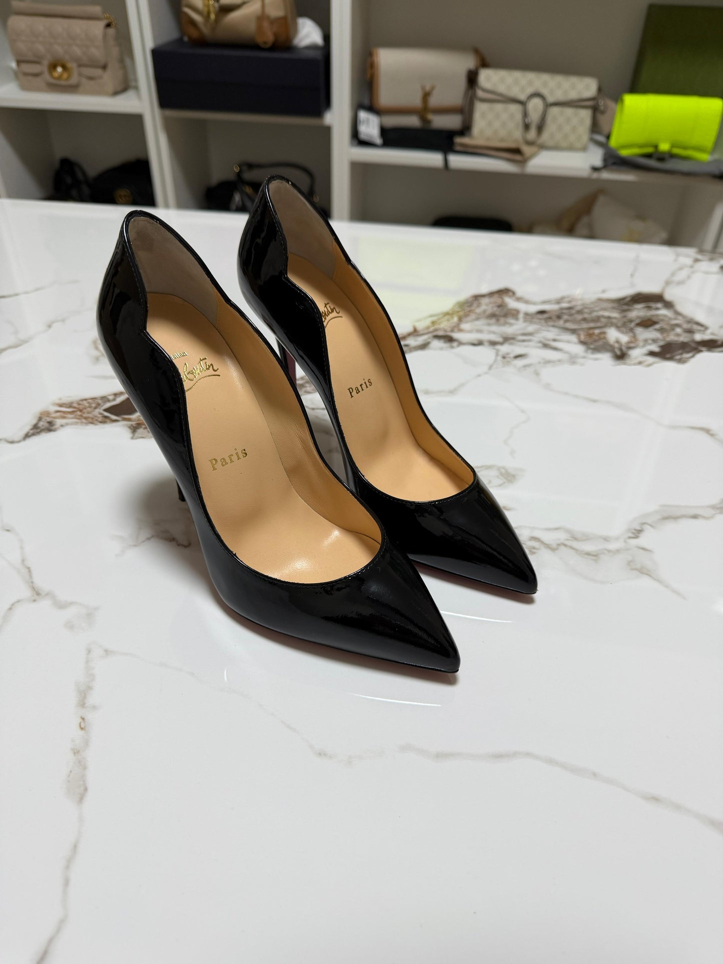 Christian Louboutin hot chick scarpe donna con tacco in patent nero tacco 100