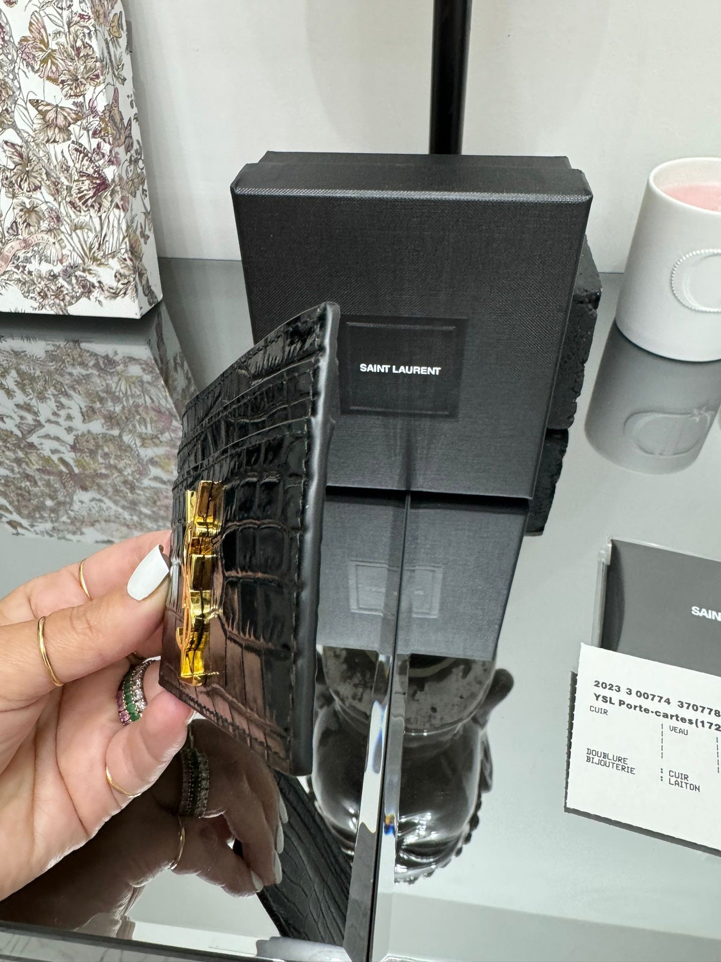 Black crocodile print leather credit card holder
