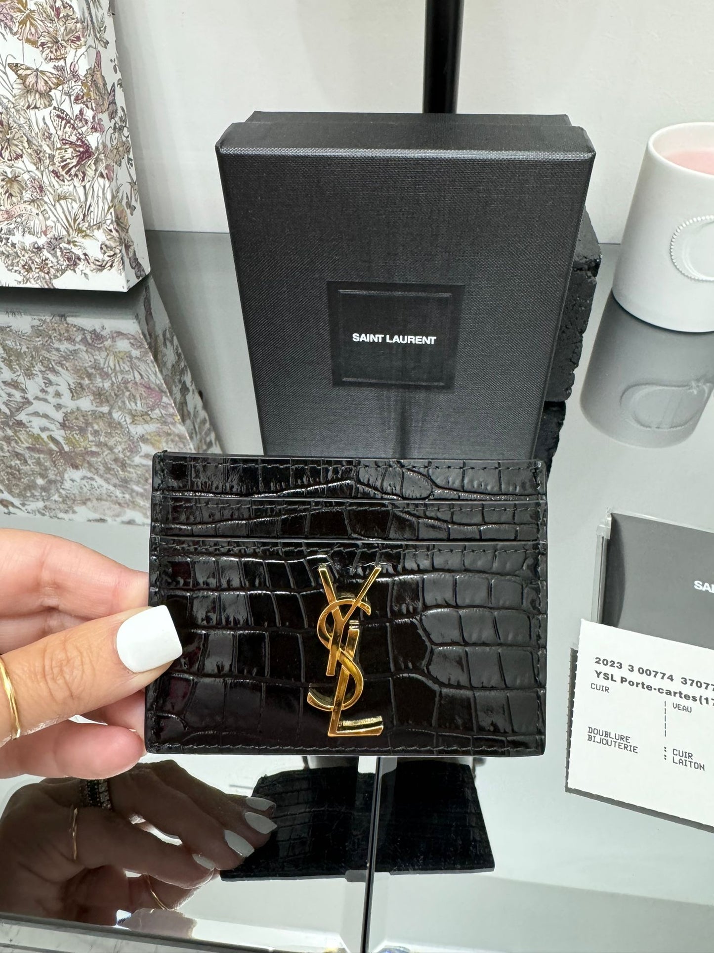 Black crocodile print leather credit card holder