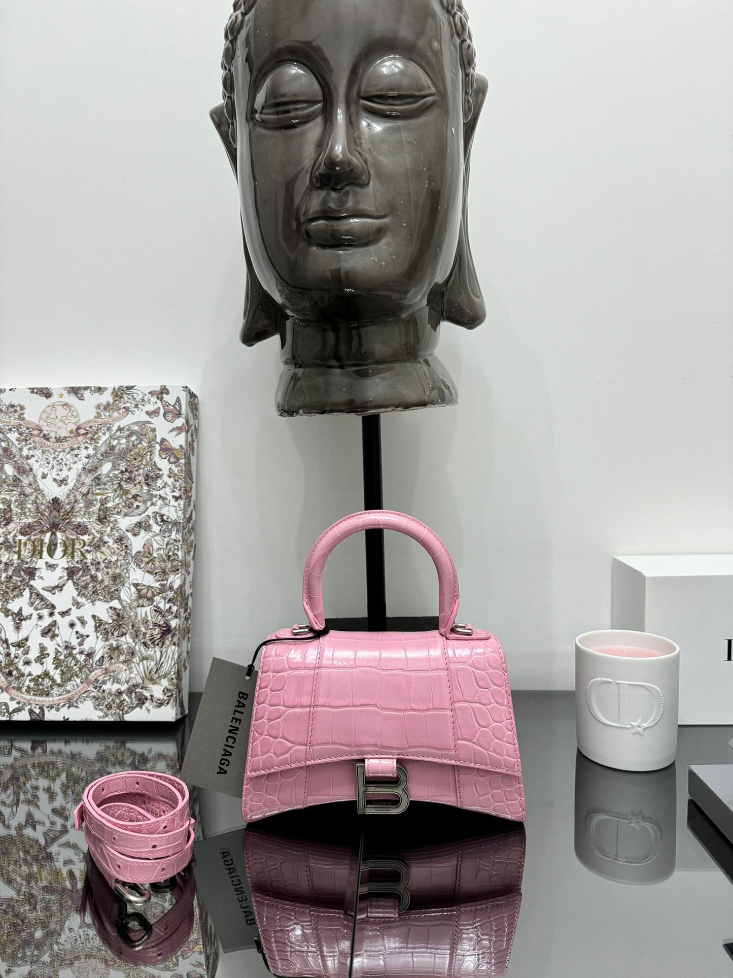 Borsa a mano Hourglass con effetto coccodrillo rosa