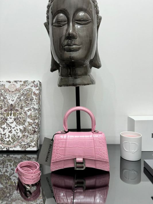 Hourglass Handbag with Pink Crocodile Effect