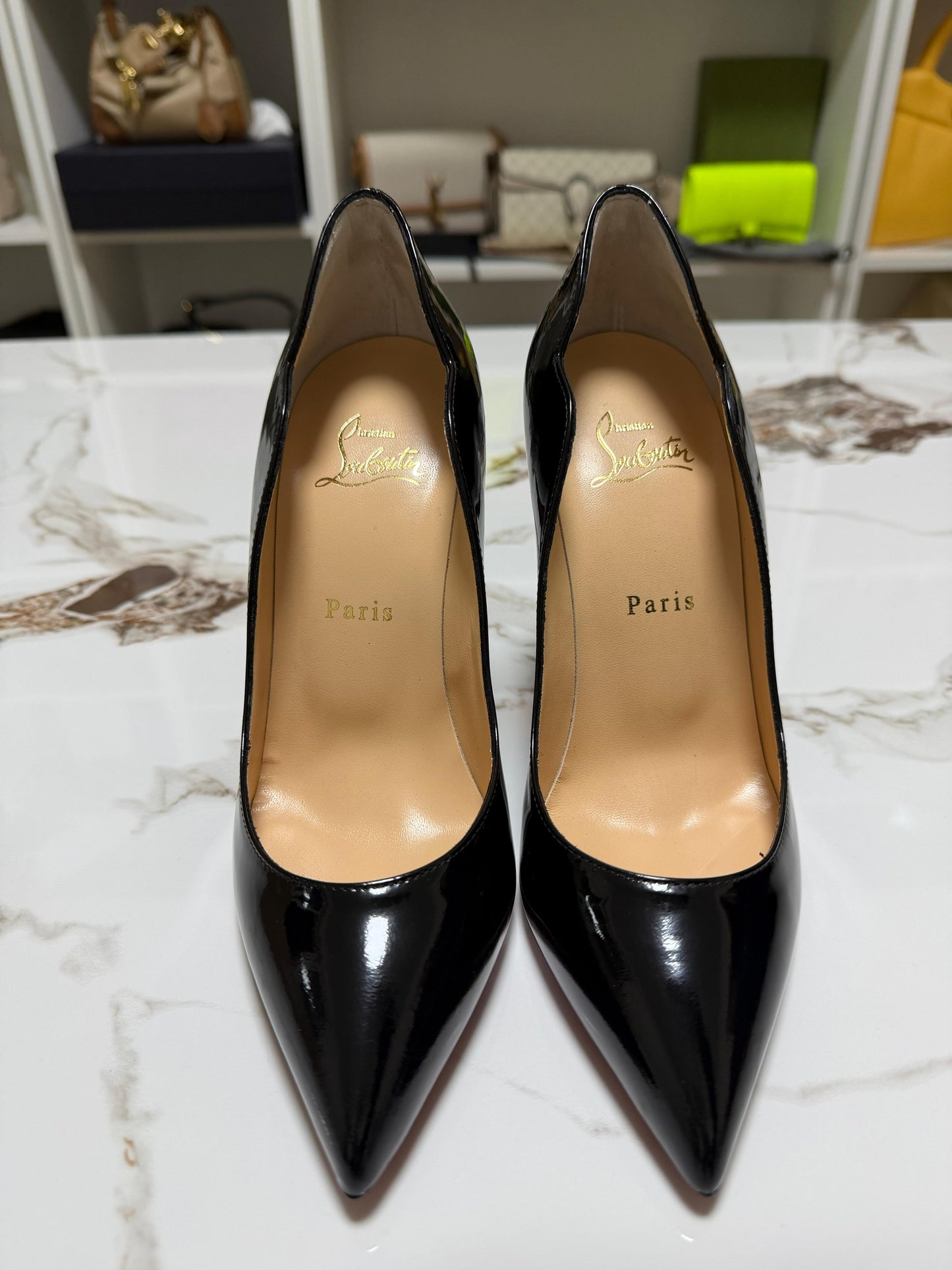 Christian Louboutin hot chick scarpe donna con tacco in patent nero tacco 100