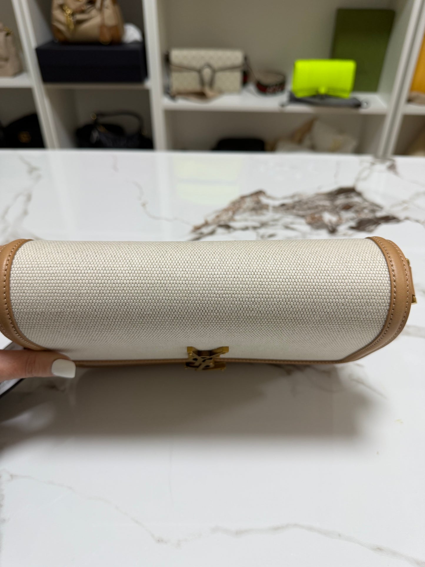 Saint Laurent solferino borsa a spalla in rafia beige con profili marrone