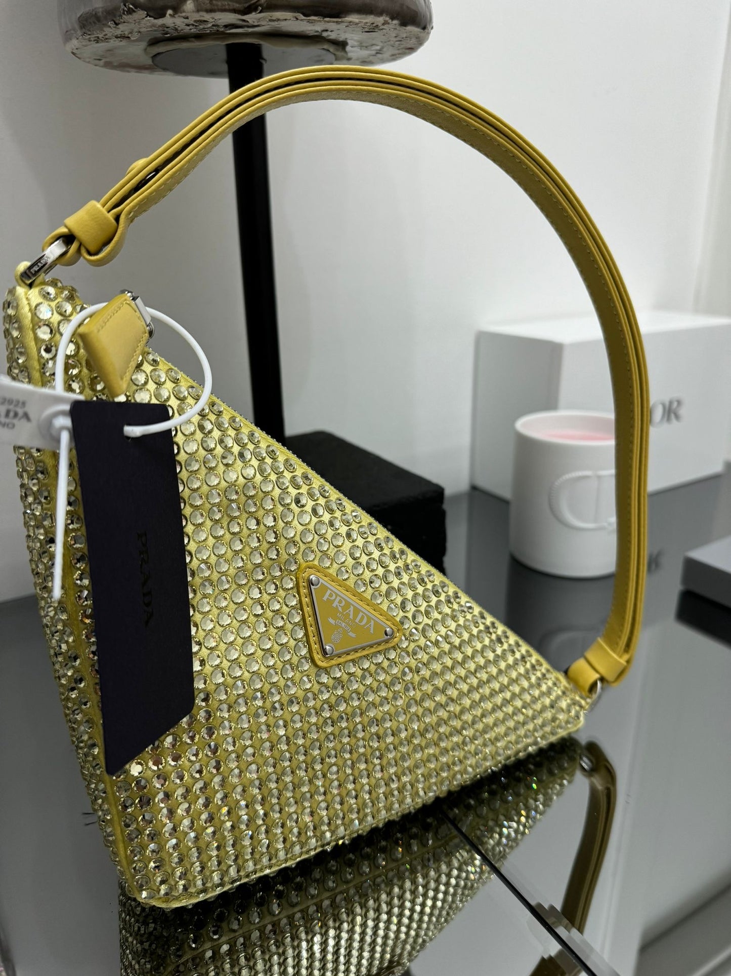 Triangle bag with crystals in hananas color (light yellow)