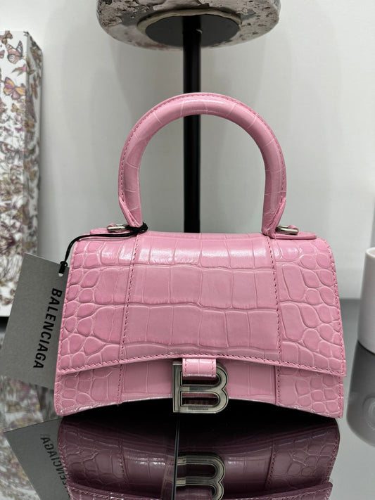 Hourglass Handbag with Pink Crocodile Effect