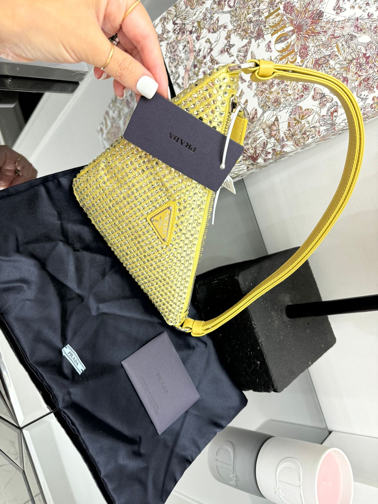 Triangle bag with crystals in hananas color (light yellow)