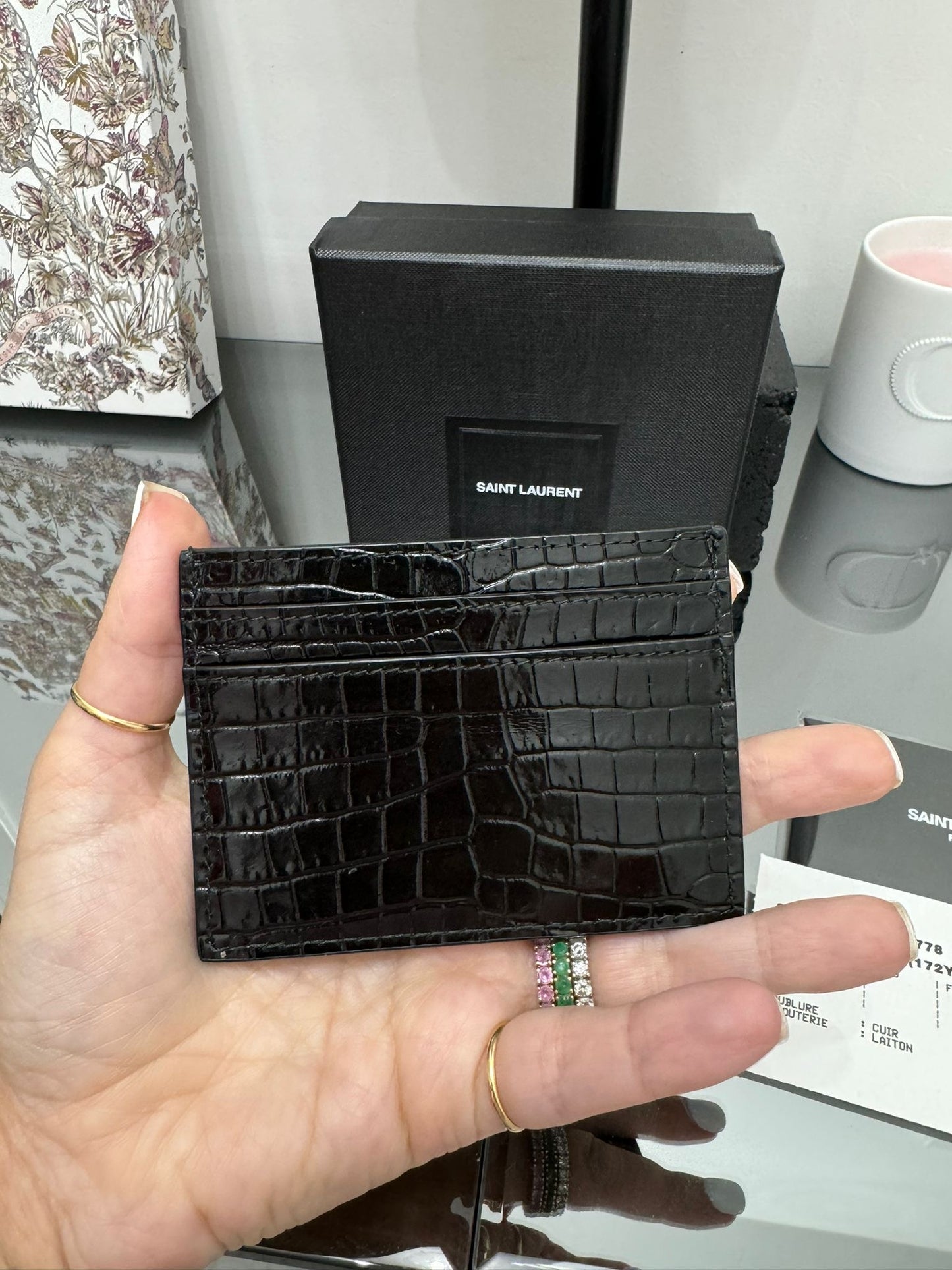 Black crocodile print leather credit card holder