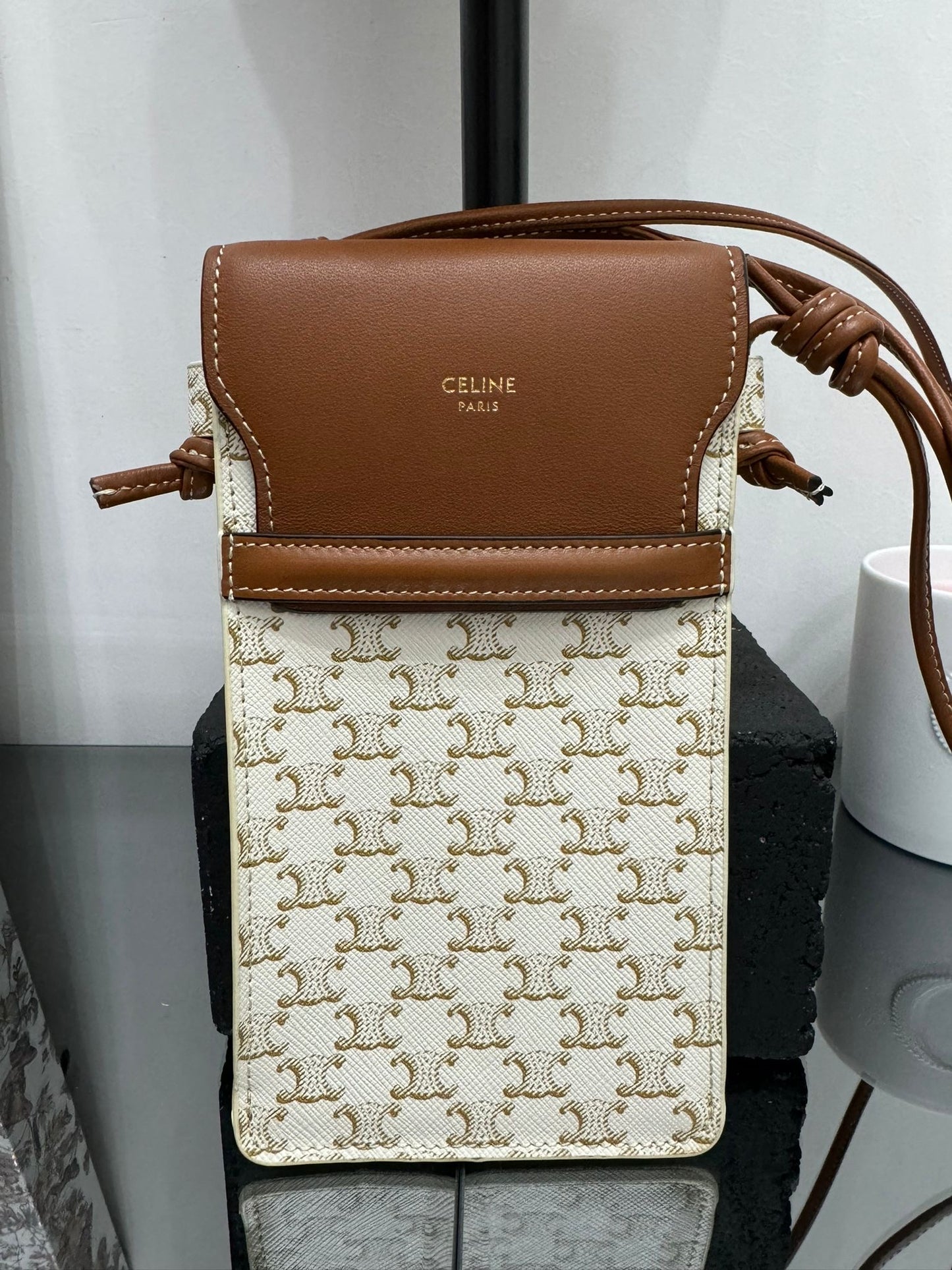 PHONE POUCH WITH FLAP IN TRIOMPHE CANVAS AND LAMBSKIN