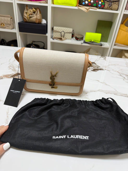 Saint Laurent solferino borsa a spalla in rafia beige con profili marrone