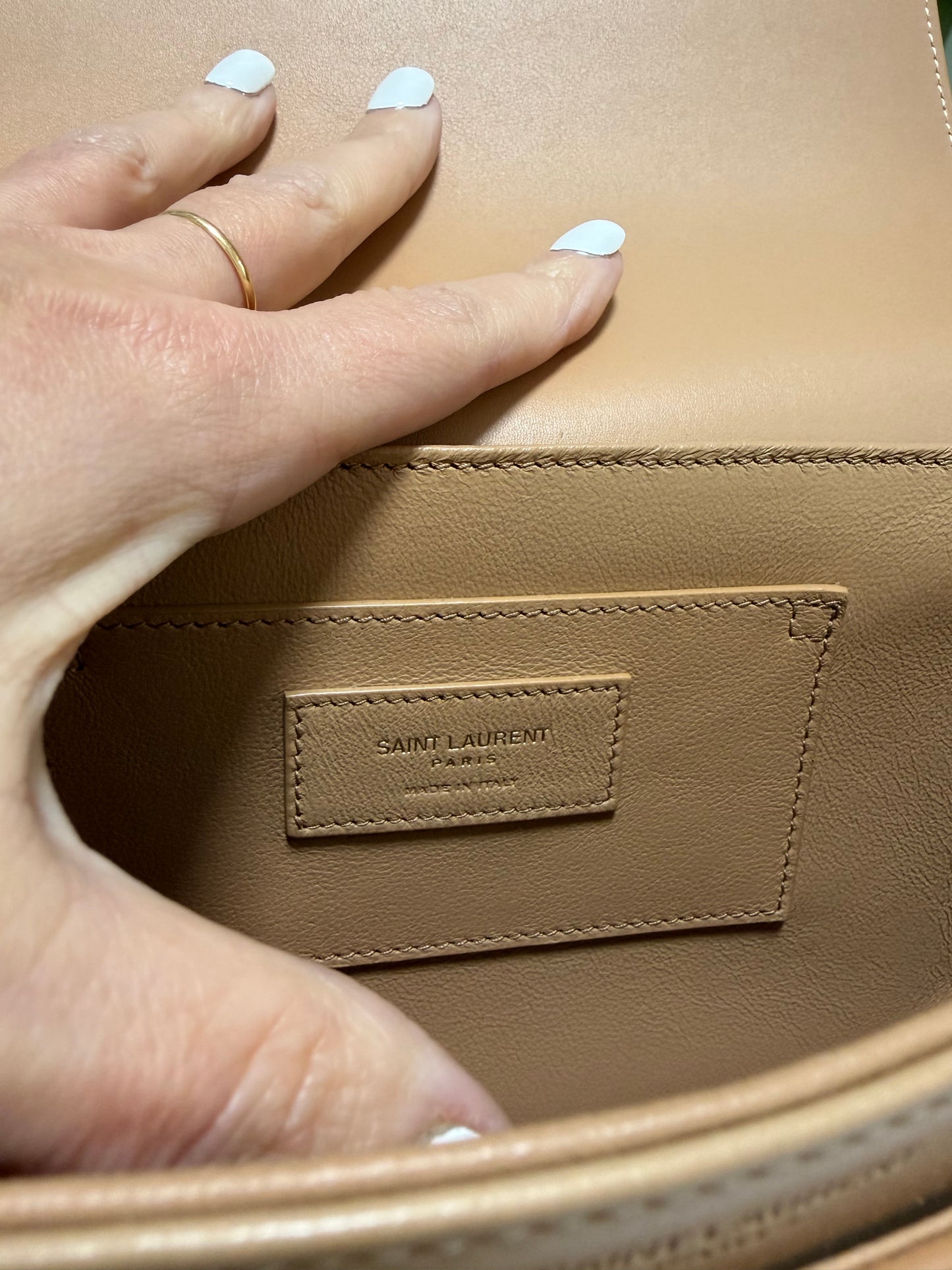 Saint Laurent solferino borsa a spalla in rafia beige con profili marrone