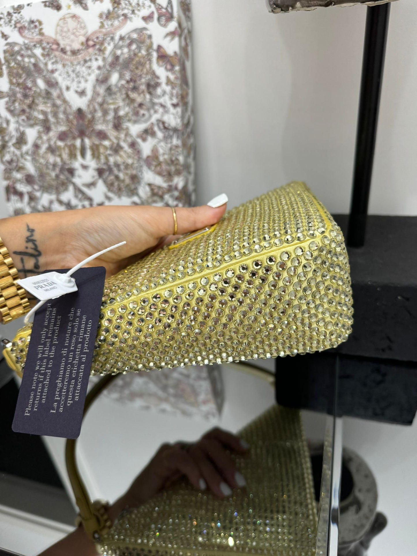 Triangle bag with crystals in hananas color (light yellow)