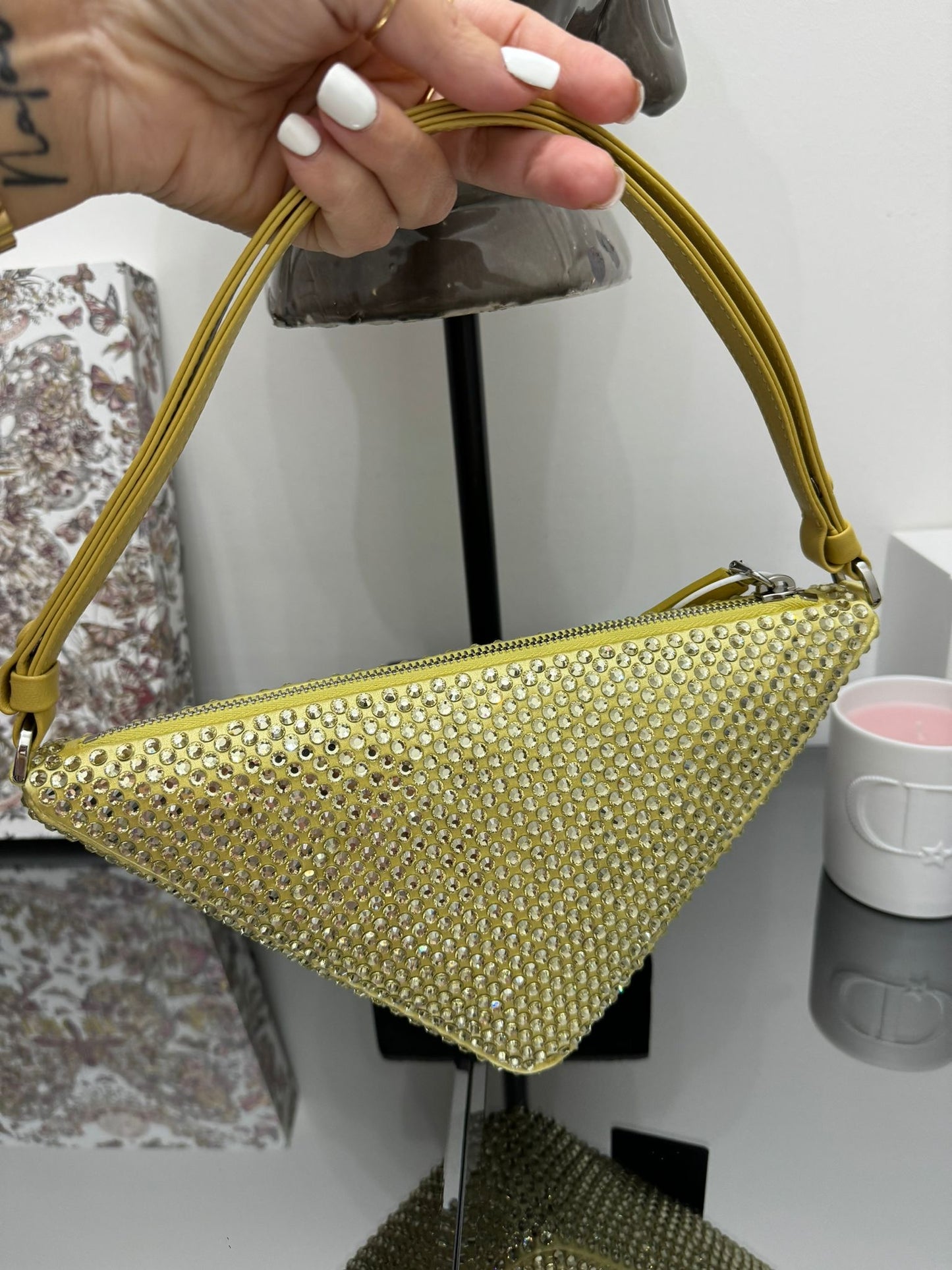 Triangle bag with crystals in hananas color (light yellow)