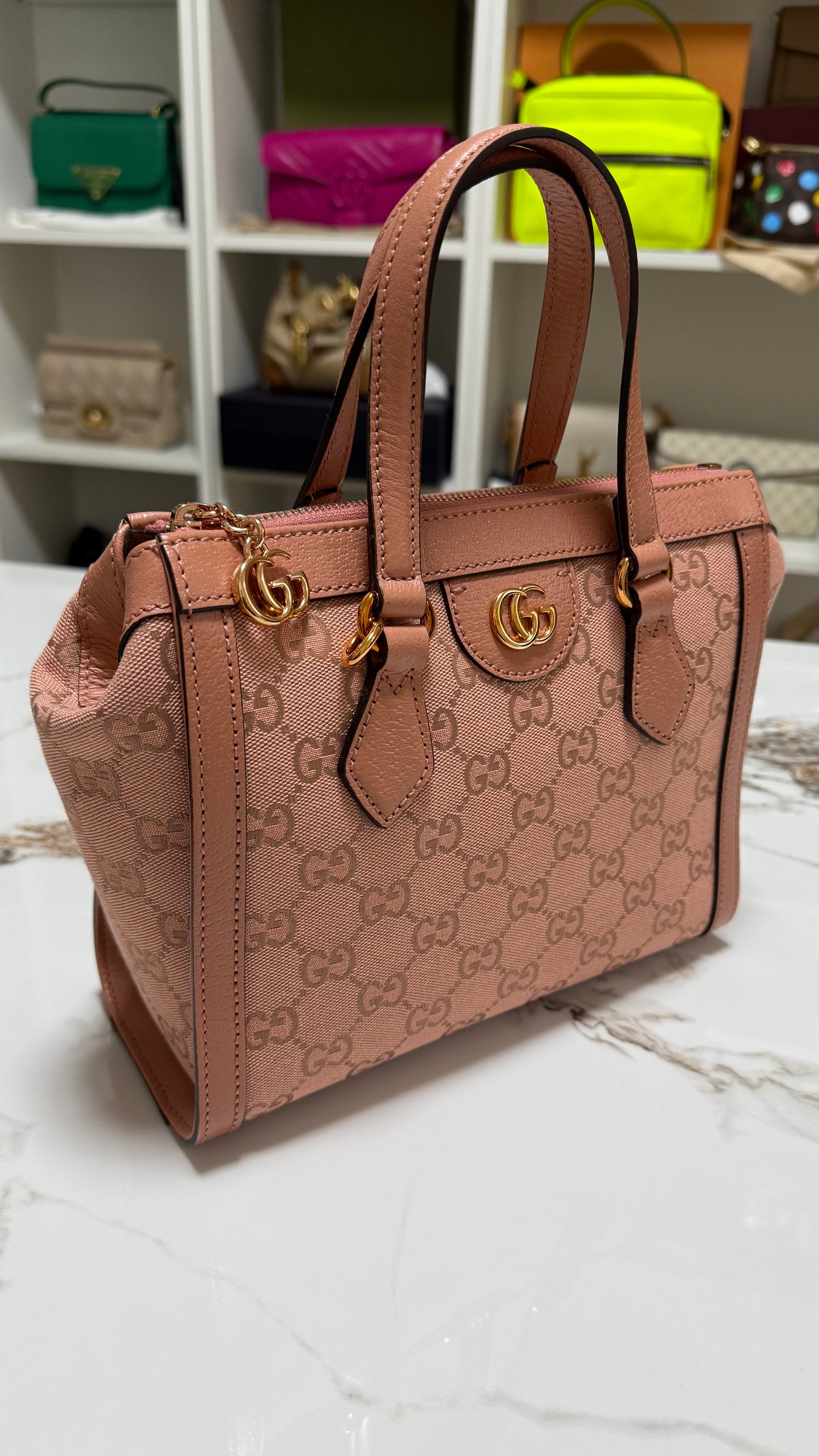 Gucci borsa ophidia top handle in tela rosa