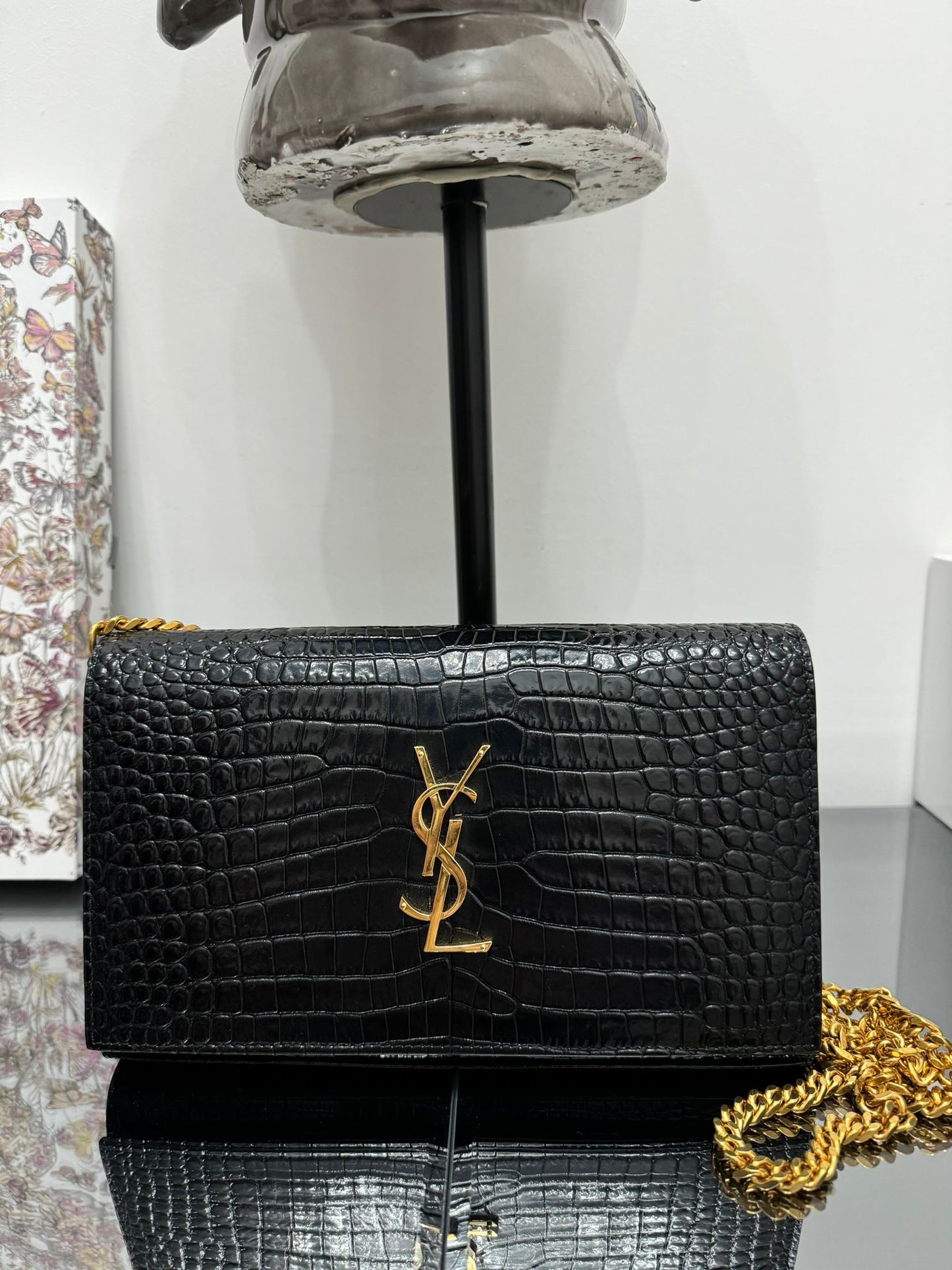 KATE SHOULDER BAG BLACK SHINY LEATHER COCONUT PRINT