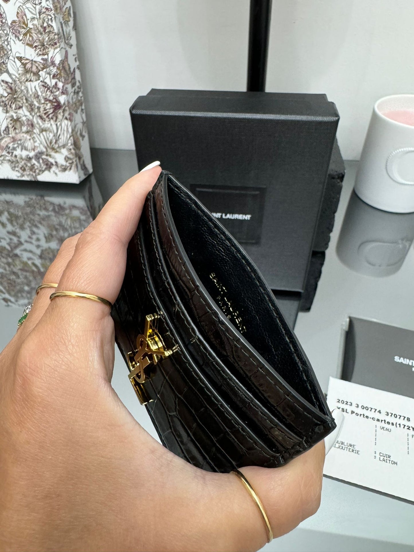 Black crocodile print leather credit card holder