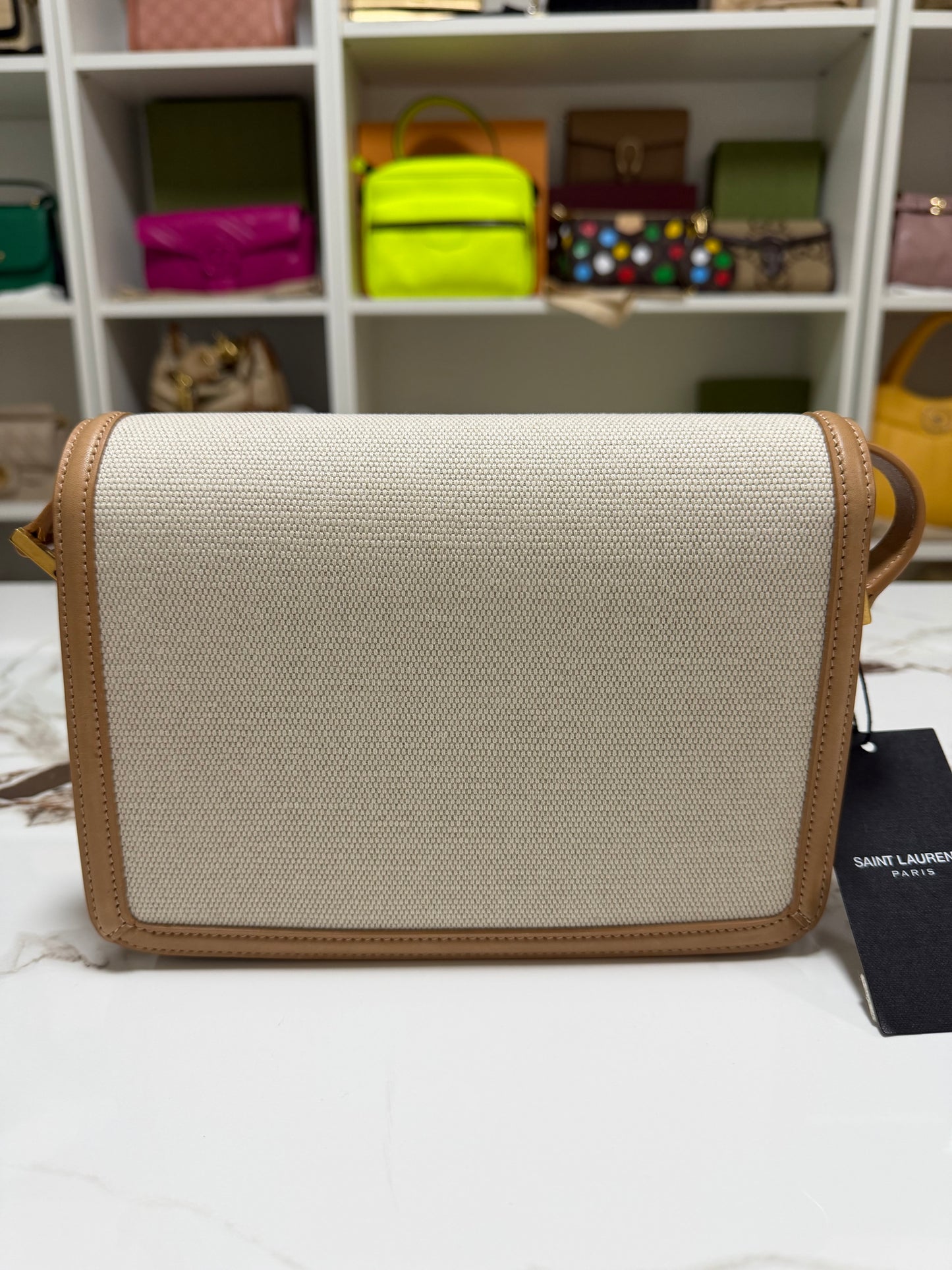 Saint Laurent solferino borsa a spalla in rafia beige con profili marrone