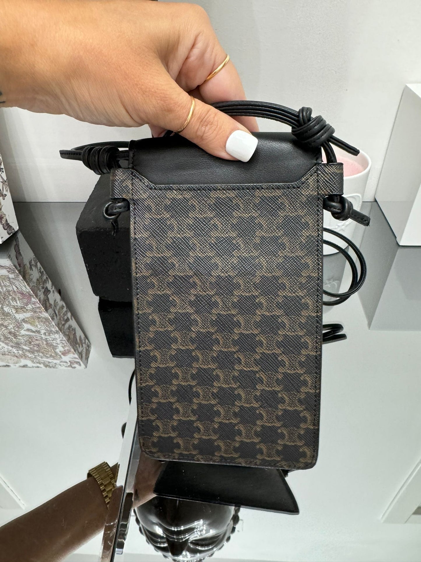 PHONE POUCH WITH FLAP IN TRIOMPHE LAMBSKIN CANVAS