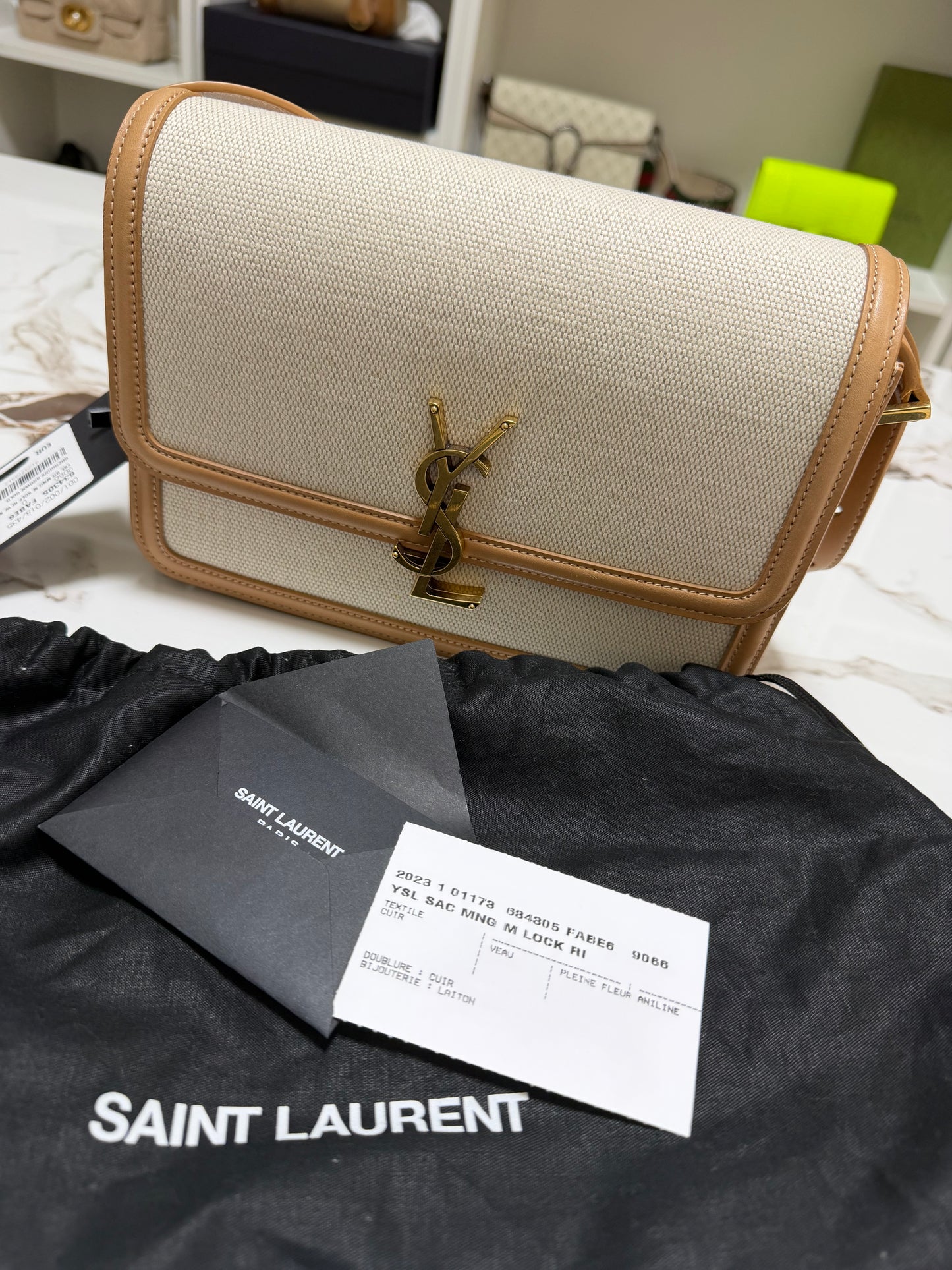 Saint Laurent solferino borsa a spalla in rafia beige con profili marrone