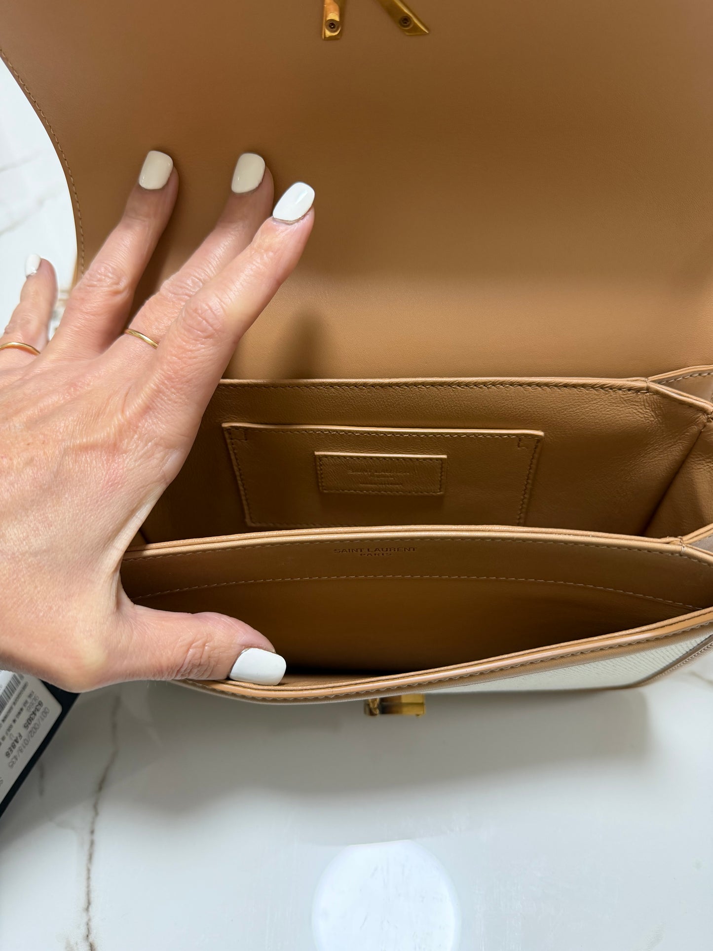 Saint Laurent solferino borsa a spalla in rafia beige con profili marrone