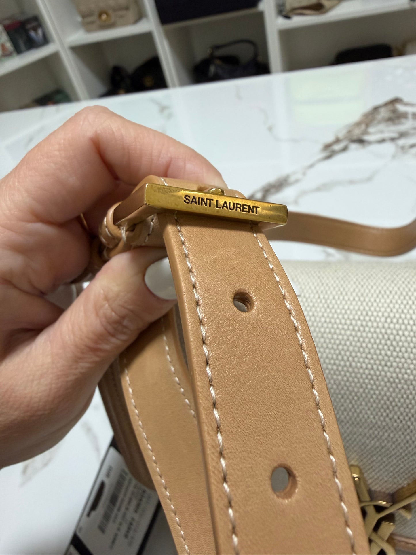 Saint Laurent solferino borsa a spalla in rafia beige con profili marrone