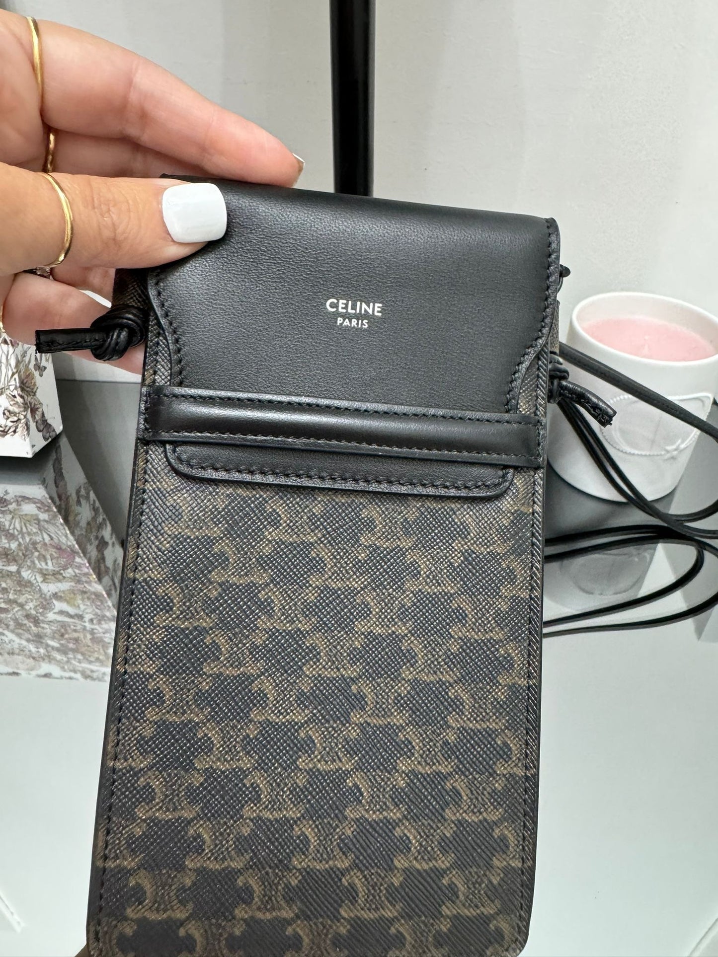 PHONE POUCH WITH FLAP IN TRIOMPHE LAMBSKIN CANVAS
