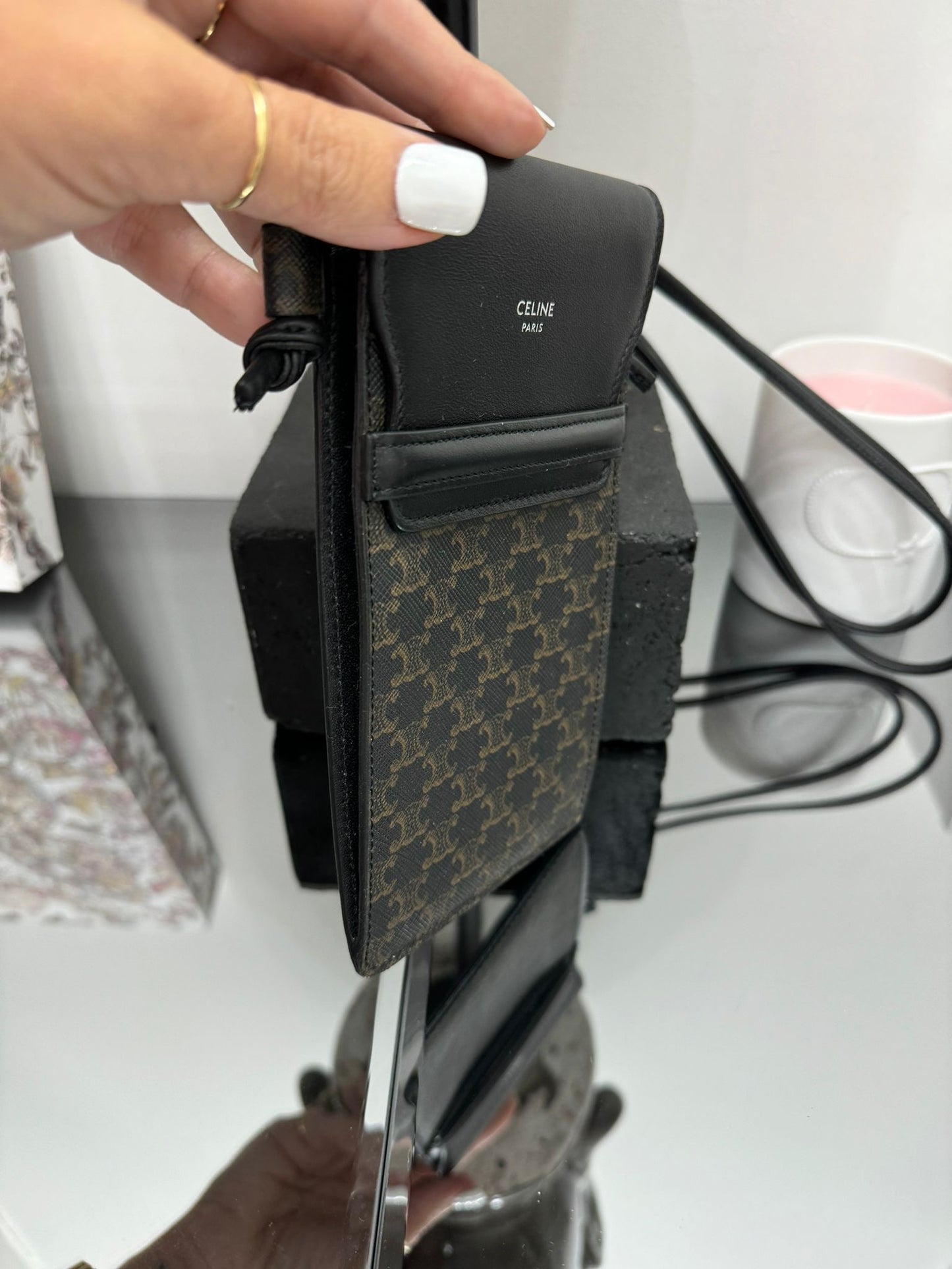 PHONE POUCH WITH FLAP IN TRIOMPHE LAMBSKIN CANVAS