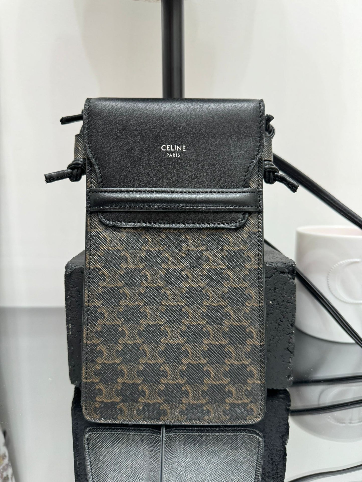 PHONE POUCH WITH FLAP IN TRIOMPHE LAMBSKIN CANVAS